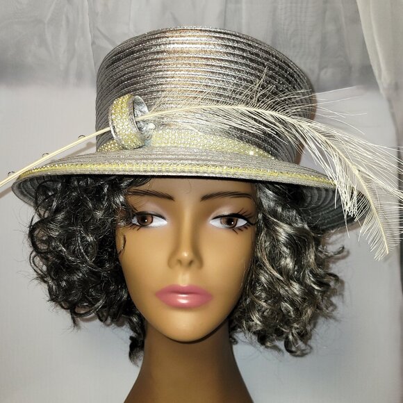 Charm's Women's Top Hat Style Silver Metallic Feather Rhinestone Embellished Hat - Picture 1 of 11